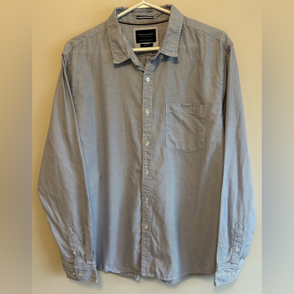 Denim & Flower Ricky Singh Mens Button Up Shirt Blue & White Striped XL Slim Fit
